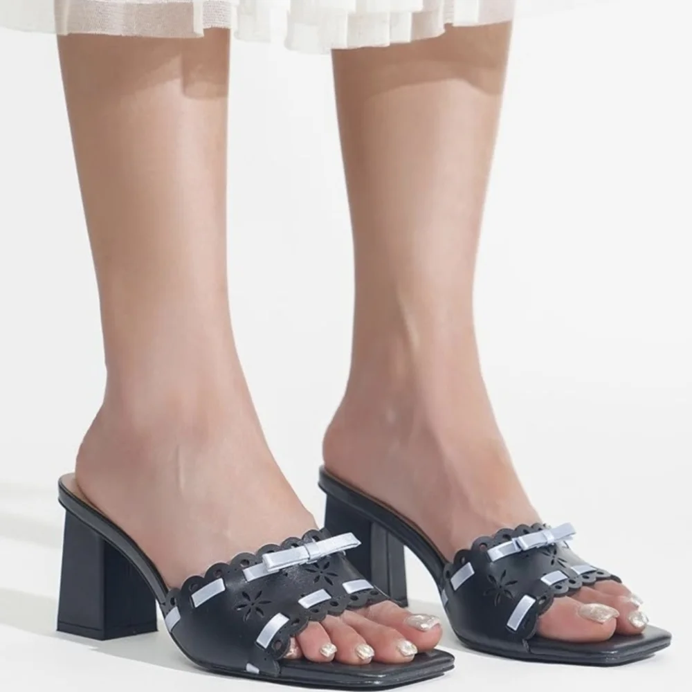 Black W/ Sky Blue Ribbon, Block Heeled Open Toed Mules - New Size 8 & 11 - Picture 3 of 8